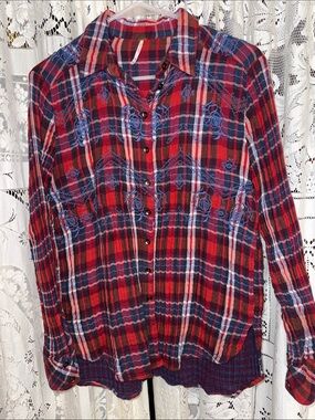 Free People Red Plaid Button-Down Shirt with Blue Embroidery